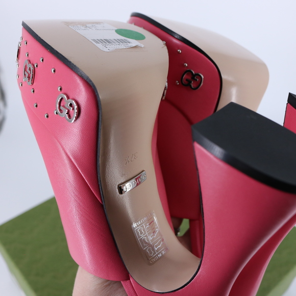 Gucci  37.5 Janaya Logo Studded pink GG Platform Heels Mules E800 - Picture 4 of 14